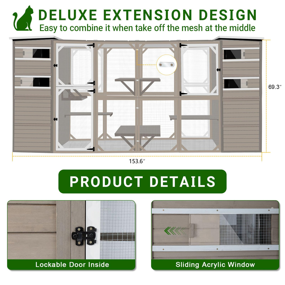 PetsCosset Cat Enclosure Outdoor, Large Catio Cat House Weatherproof Attached to Window for Multi Cats, Asphalt and UV Protection Roofs, Multi Platforms-Combinable-71 H 77L PetsCosset