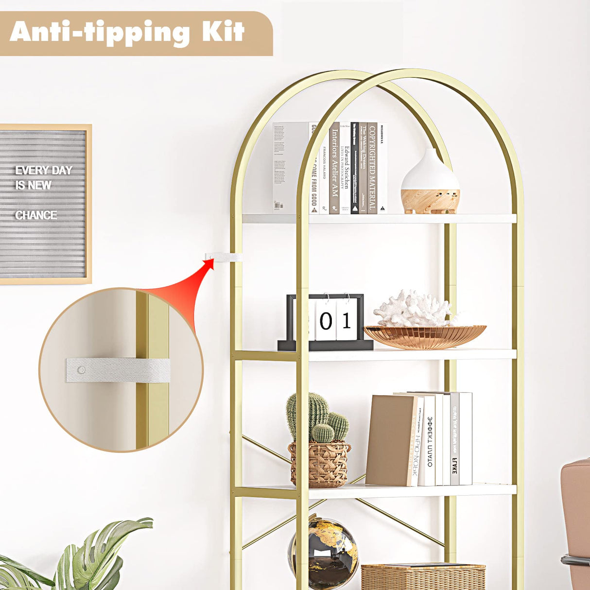 IDEALHOUSE Bookshelf 5 Tier Bookcase Arched Display Racks Tall Standing Bookshelves Metal Frame Modern Storage Rack Shelf Large Wood Book Shelf for Bedroom, Living Room, Home Office, White/Gold IDEALHOUSE