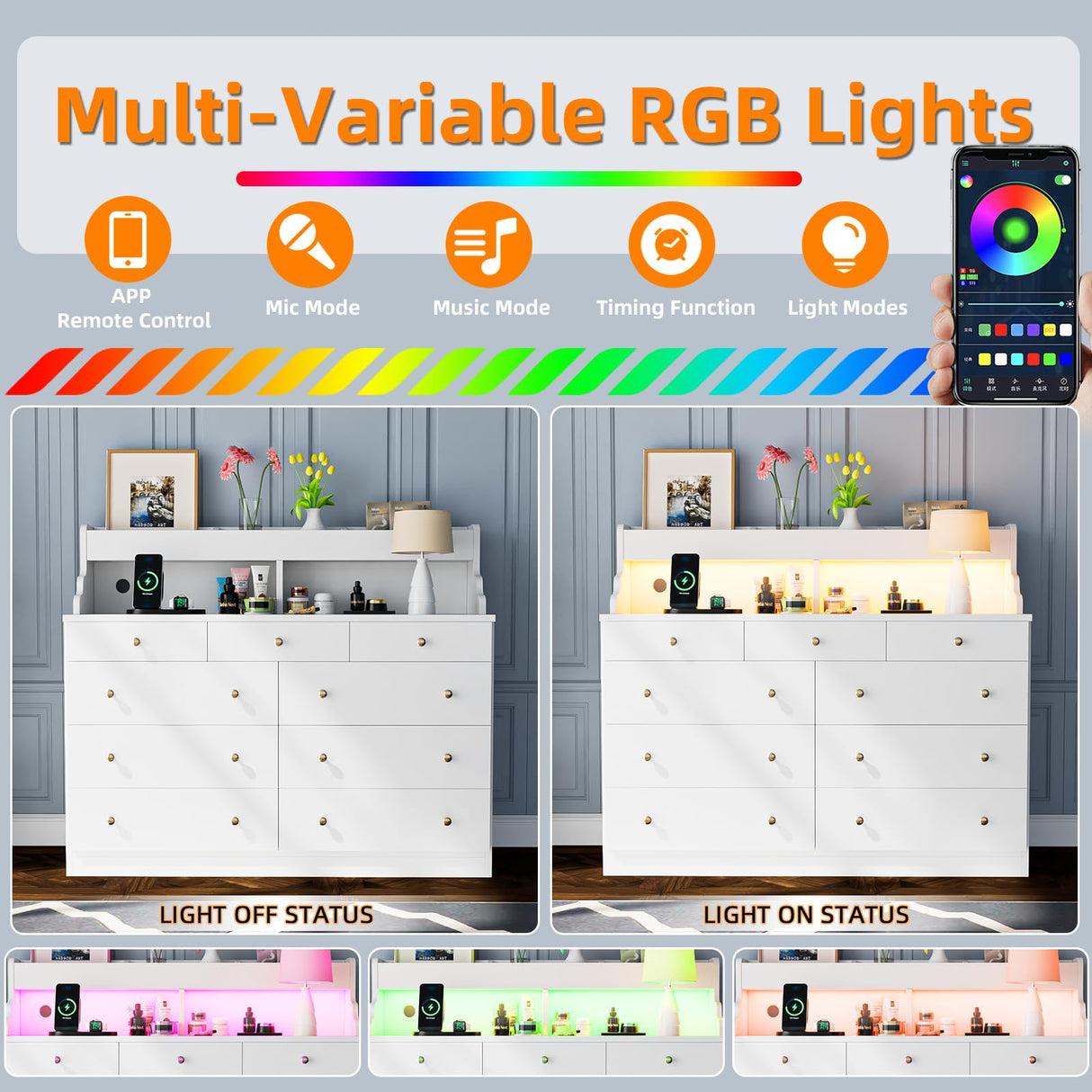 Yeyawomy 9 Drawers Dresser with LED Light, Dresser for Bedroom with Power Outlet, Modern Chest of Drawers, Storage Dresser with Open Storage Space, Dressers & Chests of Drawers for Closet (White) Yeyawomy