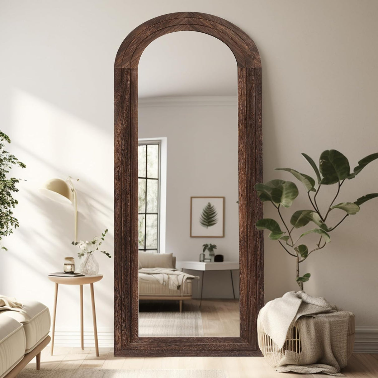 ZHUNFA Arched Full Length Mirror with Solid Wood Frame, 65x22 Farmhouse Wall Mounted Floor Mirror with Stand, Vertical Hanging, Leaning Standing for Bedroom, Living Room, Brown ZHUNFA