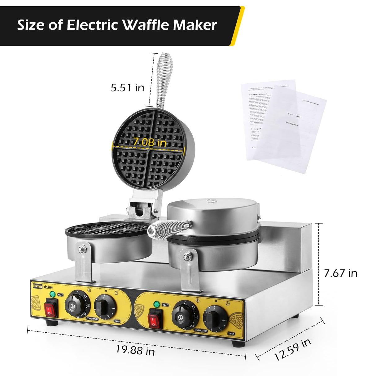 Dyna-Living Commercial Waffle Maker Double Waffle Maker, 2400W Non-Stick Commercial Waffle Maker Stainless Steel Waffle Iron Machine for Restaurants, Large Waffle Maker, Commercial Waffle Machine Dyna-Living