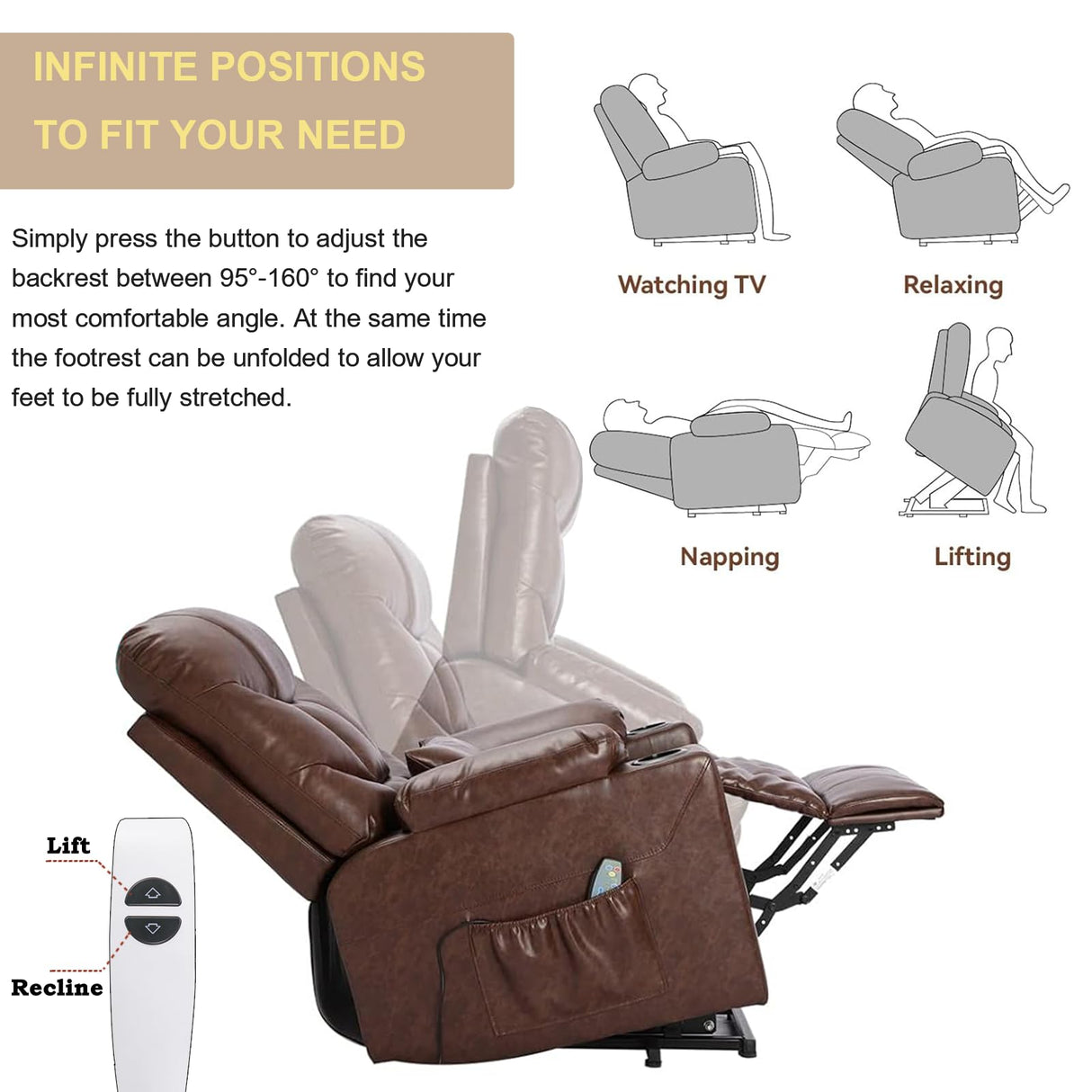 OQQOEE Power Lift Recliner Chair, Electric Recliners Chair for Elderly, PU Leather Massage Chair with Heat, Ergonomic Single Lounge Sofa Home w/Cup Holder, Theater Seating with 2 Pockets/USB OQQOEE
