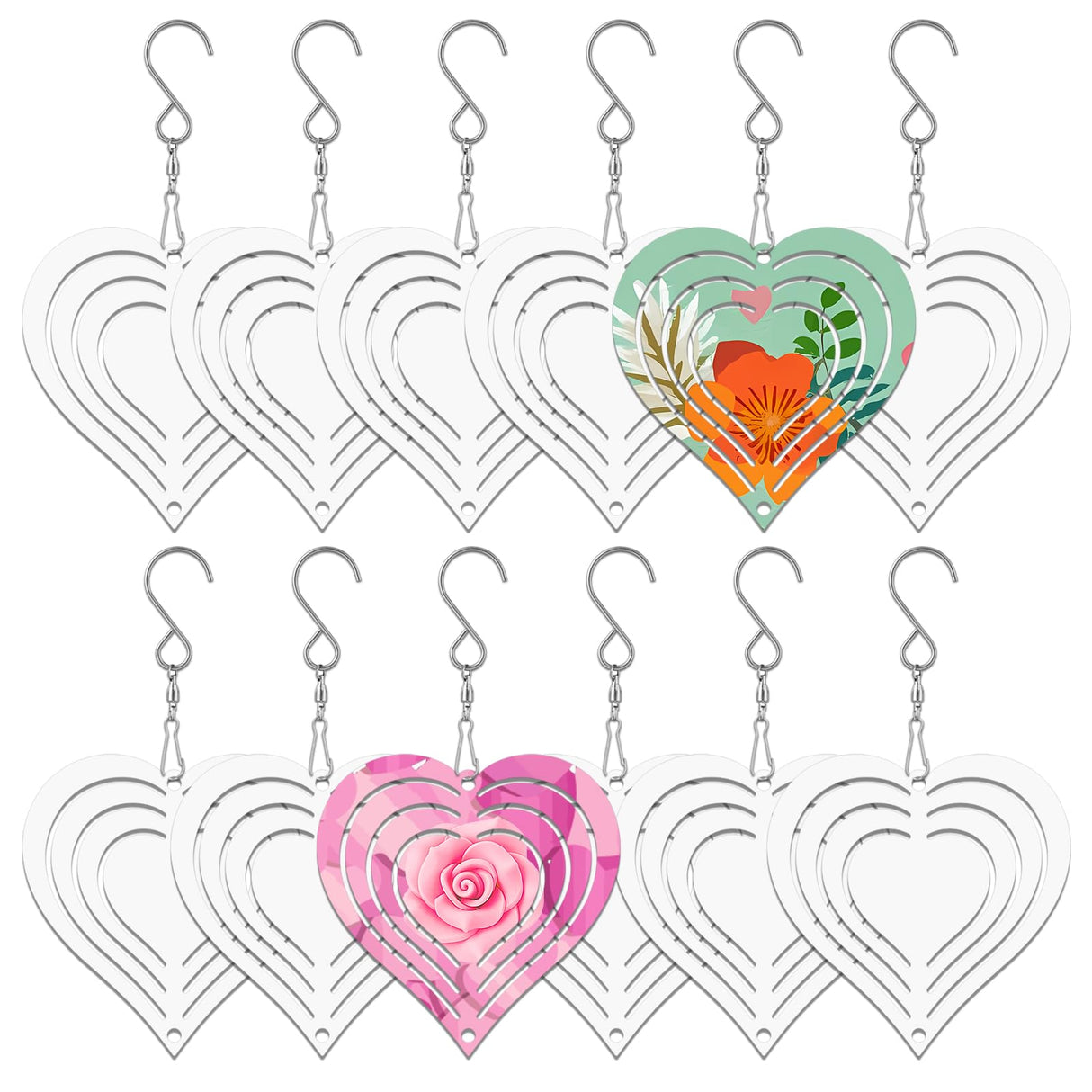 WindMage 12 Pack 3inch Sublimation Wind Spinner Blanks 3D Aluminum Metal Wind Sculpture Kinetic Spinners for Yard Garden Indoor Art Ornaments Xmas Hanging Decoration (Heart) WindMage