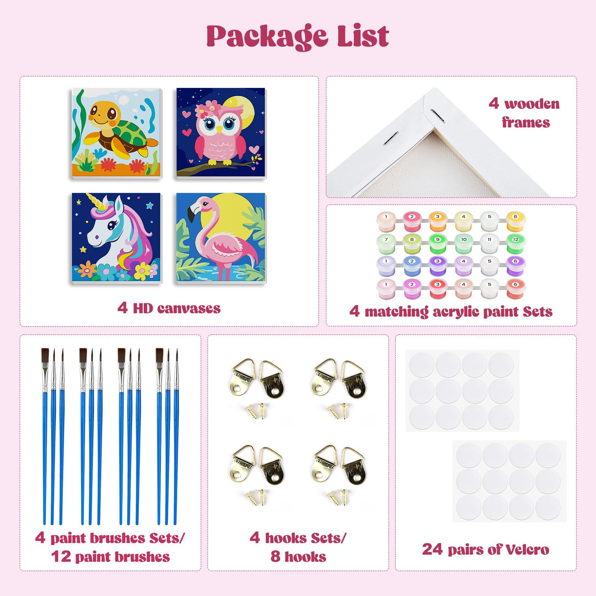 MXJSUA Framed 4 Pack Cute Animals Paint by Numbers Kit, DIY Paint by Number Kits for Kids Ages 6-12, Paint by Numbers Kits for Children Beginner, Acrylic Oil Painting for Home Wall Decor (8x8inch) MXJSUA