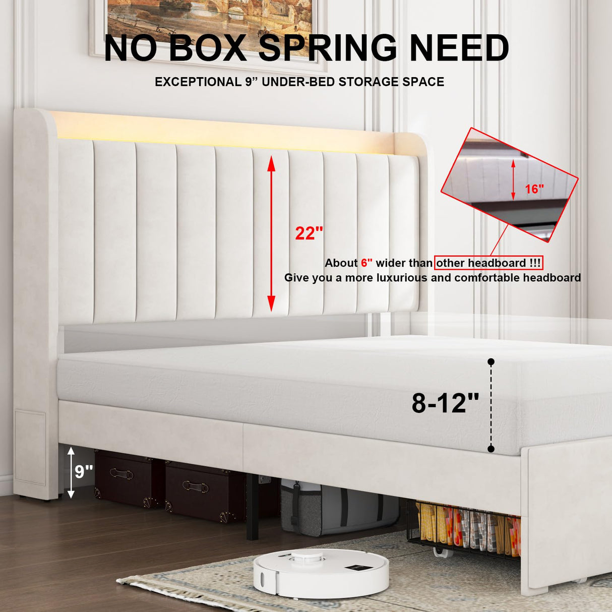 TIGUBFRE Full Size Bed Frame with Storage Headboard, Upholstered Platform Bed Frame with LED Lights, Drawers, Charging Station, Wood Slats Support, No Box Spring Needed, Noise Free, Beige TIGUBFRE