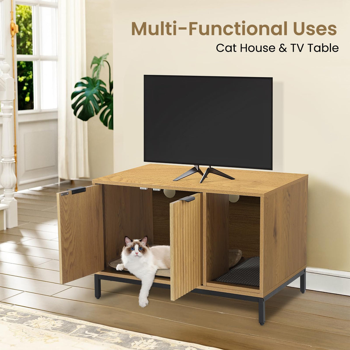 QuicMiou Cat Litter Box Enclosure, Hidden Litter Box Furniture with Metal Legs, Side End Table Indoor Washroom Cat House Storage Cabinet 31.5 x 19.7 x 20.6 Inches (Natural Oak) QuicMiou