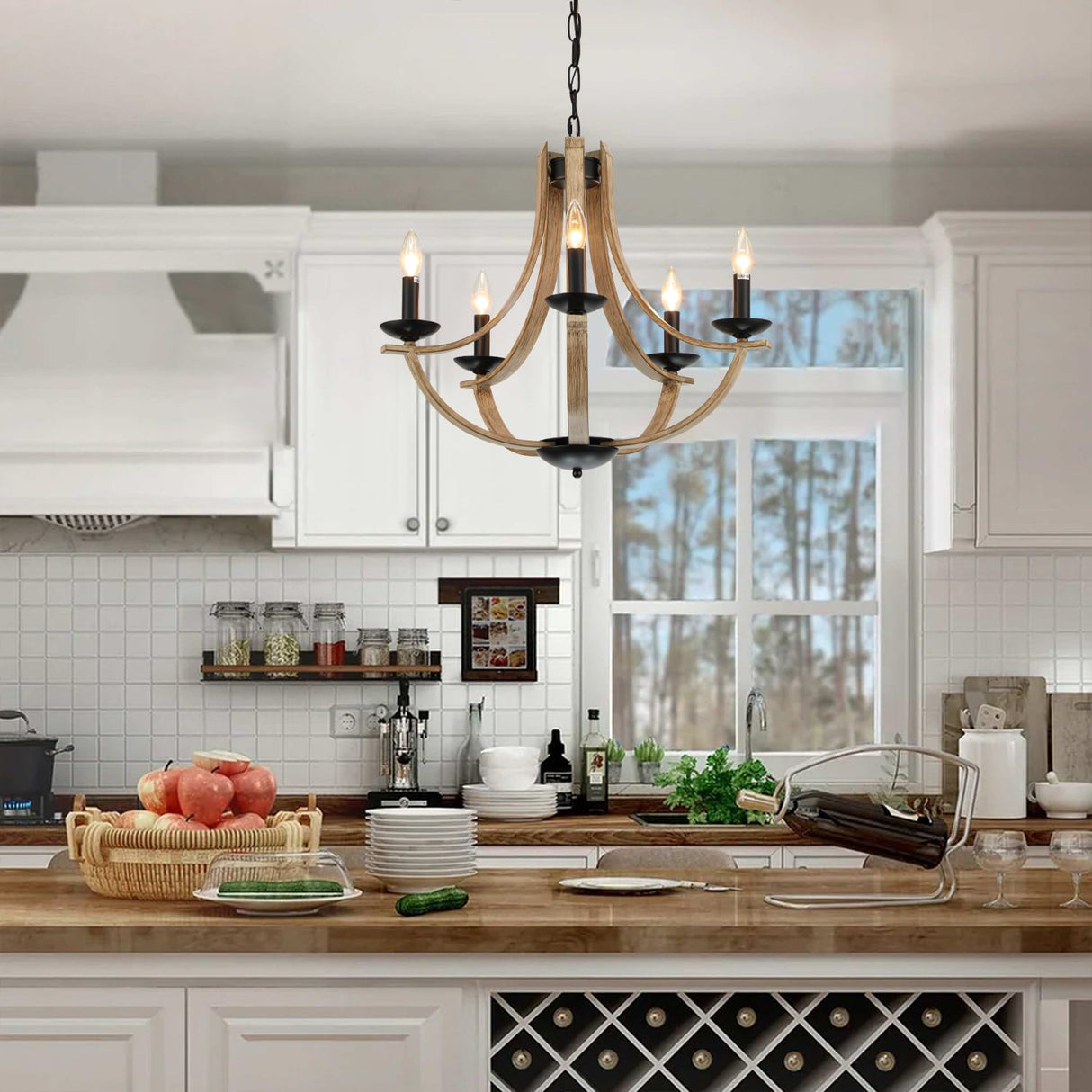 LAMPKEDUO Farmhouse Chandeliers for Dining Room Light Fixture, 5-Light 24 inch Faux Wood Texture Hanging Lighting Fixtures, Rustic Candle Chandeliers for Living Room Kitchen Island Foyer Entryway LAMPKEDUO