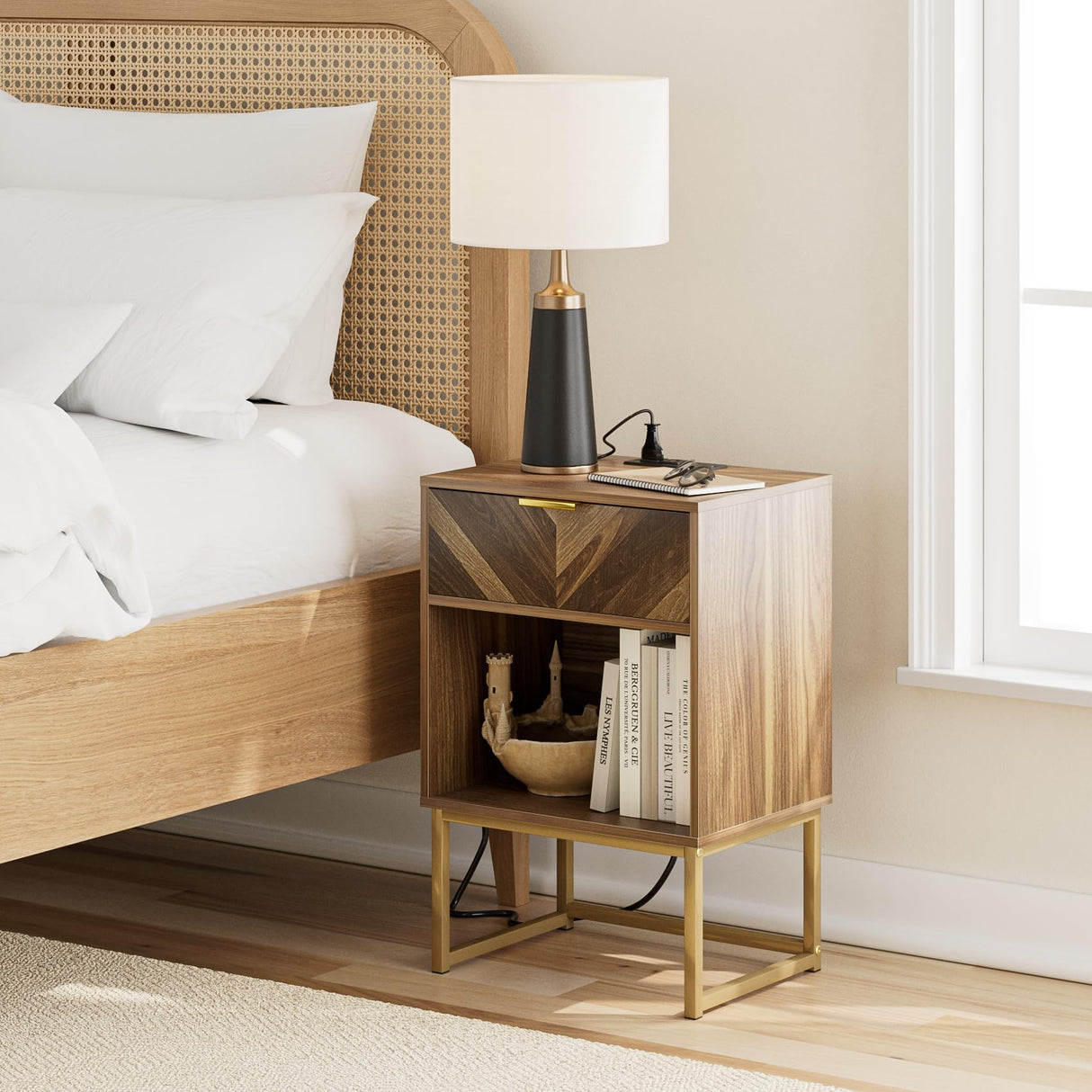 Masupu Nightstand with Charging Station,Modern Night Stand Boho Farmhouse Wood Bedside Table with Storage Drawer Side End Table for Bedroom,Living Room,Office,Walnut Brown with Outlet Masupu