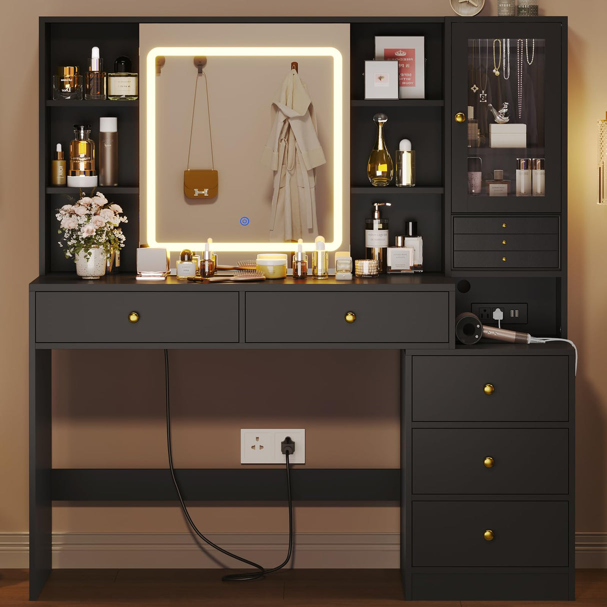 HAUOMS Makeup Vanity Desk with Lighted Sliding Mirror & Jewelry Organizer, Makeup Dressing Table with 5 Drawers, Modern Black HAUOMS