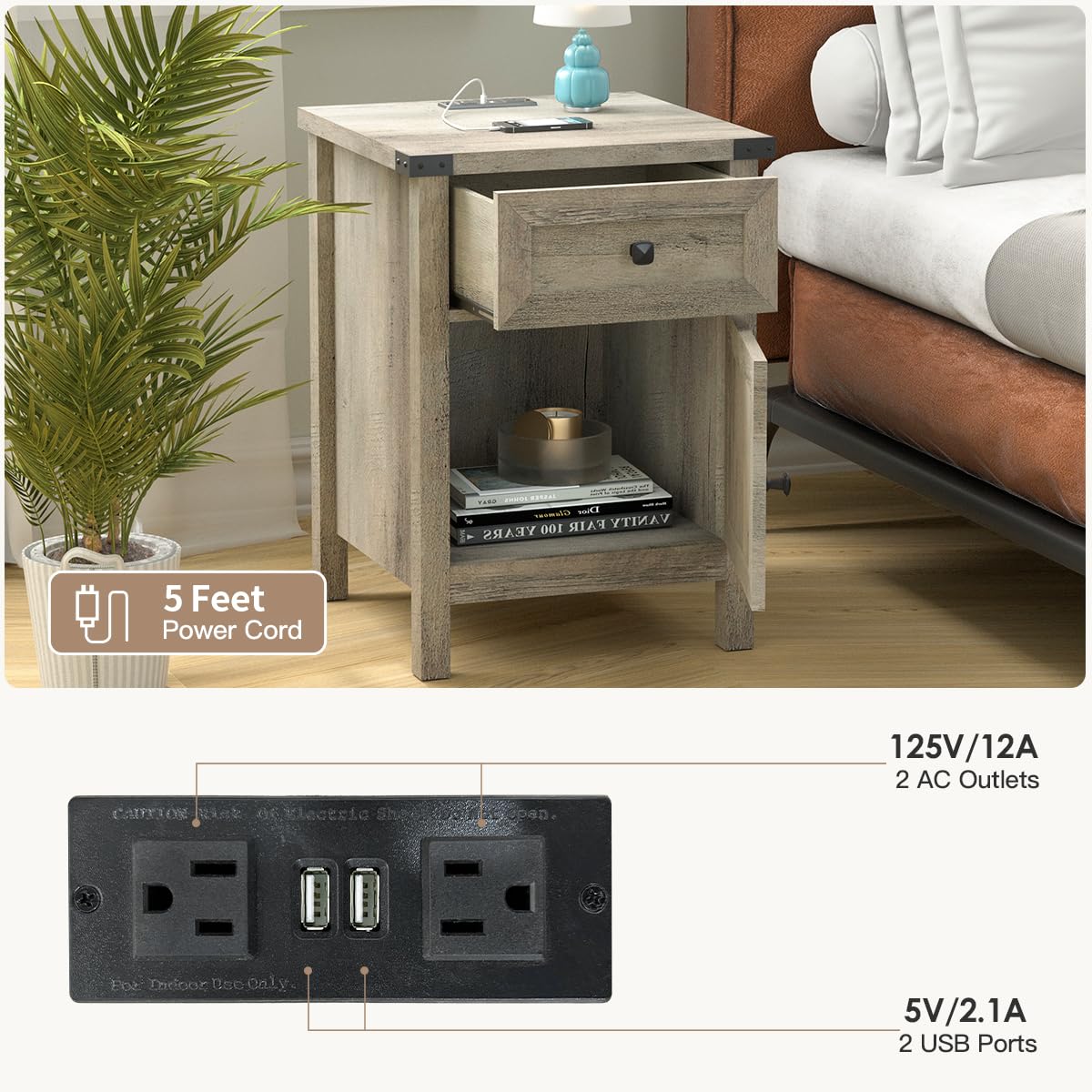 Rustic Nightstand with Charging Station, Night Stand with Barn Door and Drawer, Storage Bedroom Living Room Bedside Table Farmhouse End Table Industrial Bedside Table with USB Ports and Outlets,Grey HOSEOKA