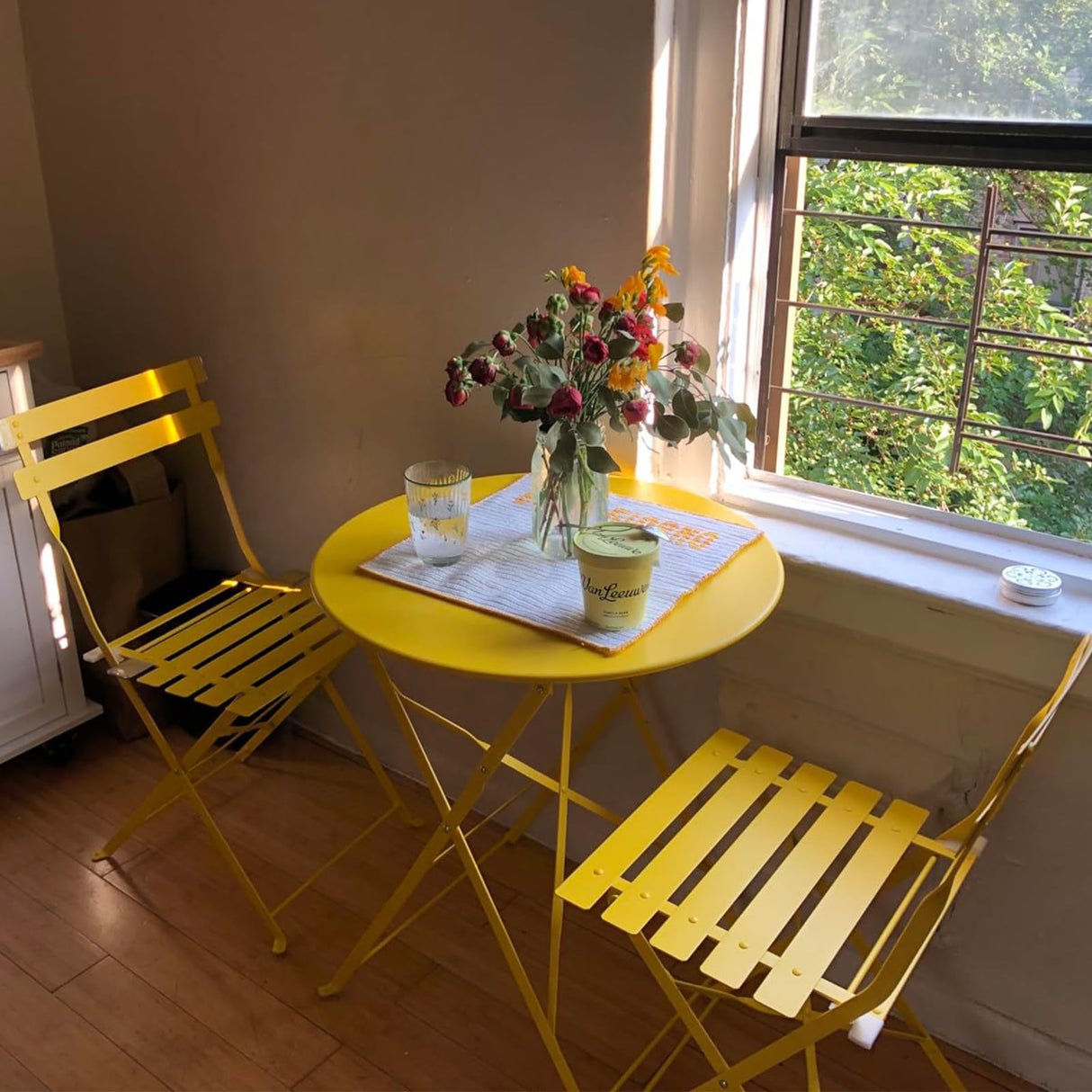 3-Piece Bistro Table and Chairs, Wrought Iron Bistro Set, Anti-Rust, Waterproof Folding Cafe Table and Chairs Set of 2, Foldable Small Bistro Set for Small Space/Indoor/Outdoor/Porch/Lawn/Balcony BUPPLEE