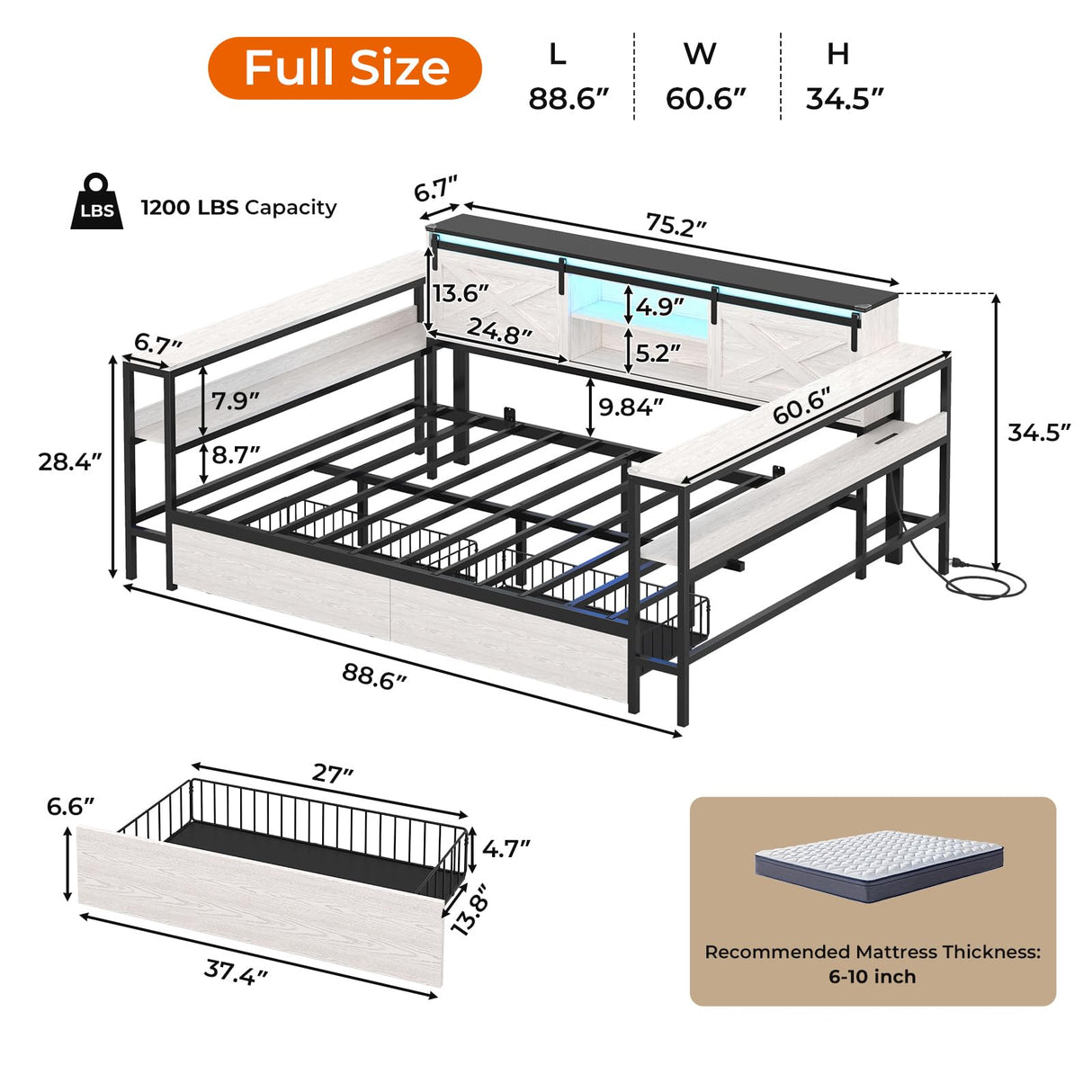 Hasuit Full Corner Bed with Drawers and Bookcase Storage Shelves, Full Daybed with Charging Station & LED Light, Farmhouse Wooden Bed Frame with Sliding Barn Doors, No Box Spring Needed, Black & White Hasuit