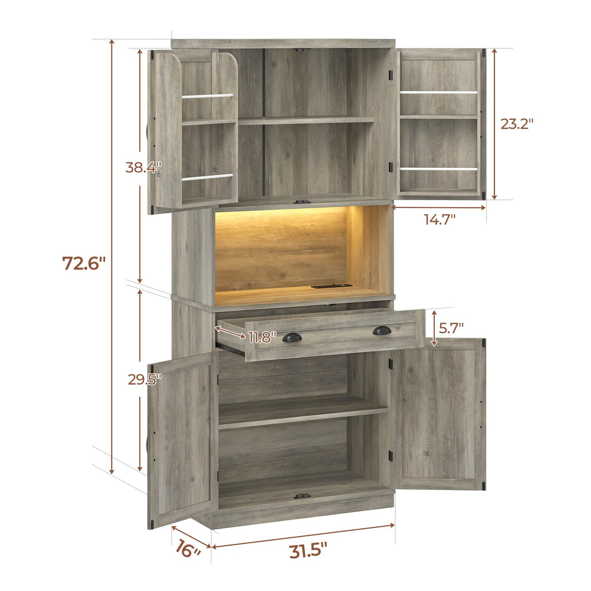 UPOSOJA Farmhouse Kitchen Pantry Cabinet with Operation Table, 72.6" Storage Cabinet with LED Lights and Power Strip, Adjustable Shelves for Dining Room, Bathroom, Living Room (Gray) UPOSOJA