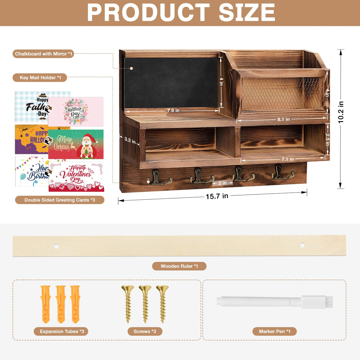 HOMEBROS Key Holder Wall Mount, Wooden Key Mail Holder with Chalkboard Mirror Greeting Cards Mail Key Organizer Storage Key Rack Shelf with 8 Key Hooks for Entryway Hallway Doorway HOMEBROS