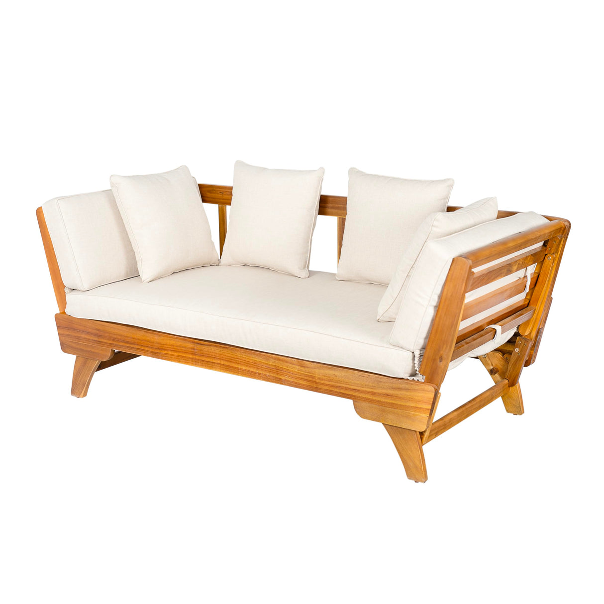 Christopher Knight Home Gary Patio Convertible Couch, Wooden Outdoor Daybed, 3-Seater Acacia Wood Patio Furniture Lounge Sofa for Backyard/Poolside/Garden, Back Pillow+Removable Cushion, Teak+ Beige Christopher Knight Home