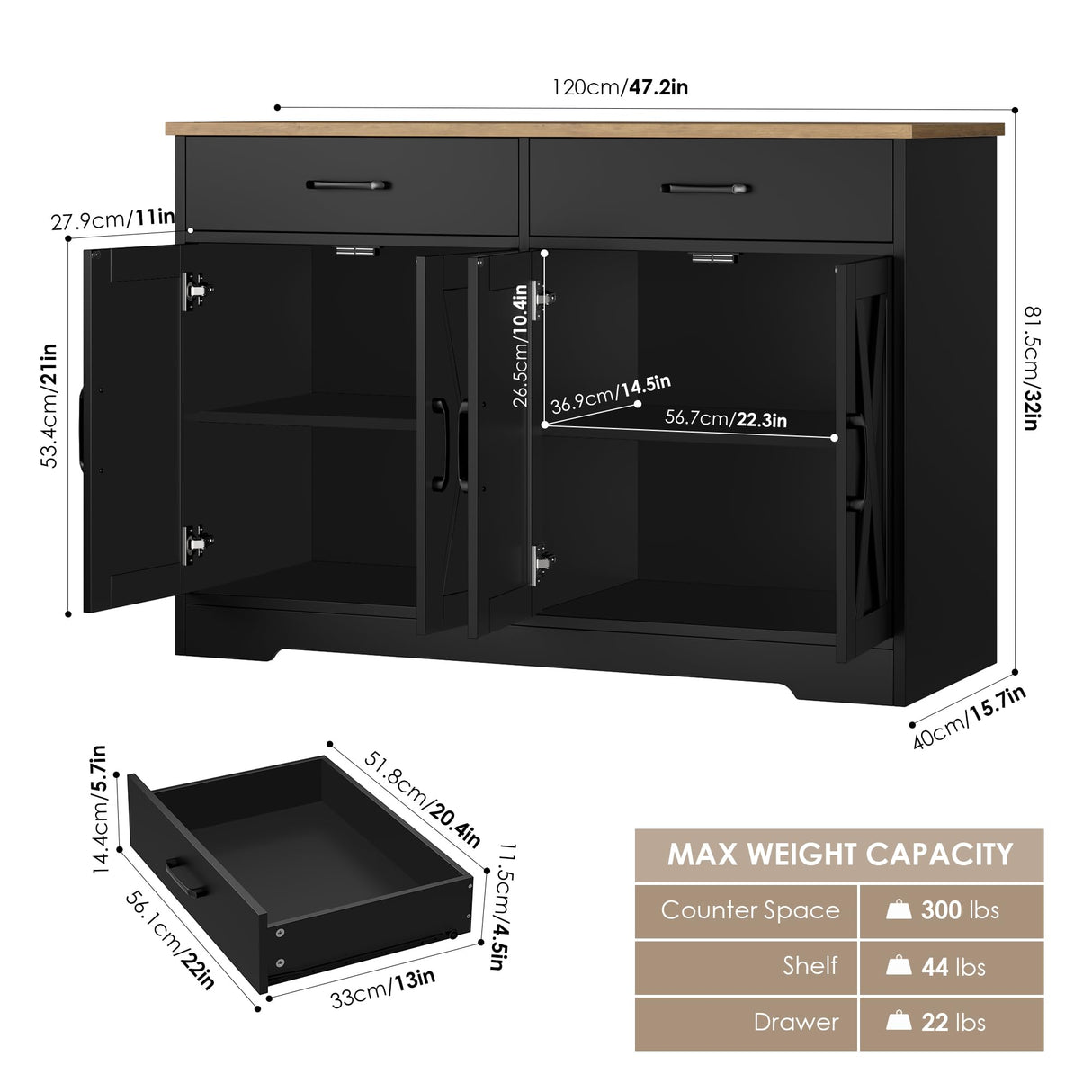 HOSTACK Coffee Bar Cabinet, 47.2" Buffet Cabinet with Storage, Modern Farmhouse Kitchen Buffet Sideboard with Drawers and Shelves, Barn Doors Storage Cabinet for Living Room, Black/Rustic Brown HOSTACK