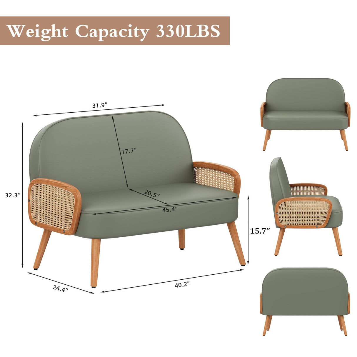 Aklaus 45" W Faux Leather Small loveseat with Natural Rattan Arms,Upholstered Modern Mini Sofa Couch Love Seat Settee Bench with Back for Living Room Bedroom Office Small Space Entryway Green Aklaus