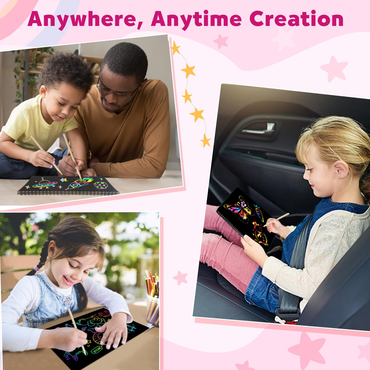 ZMLM Scratch Paper Art-Crafts Gift: 2 Pack Rainbow Notebooks Supplies Toys Easter Basket Stuffers for 3 4 5 6 7 8 9 10 Years Old Girls and Boys Kids Birthday Party Games (Pink) ZMLM