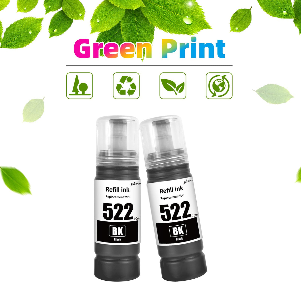 EXCERCUS T522 522 Ink Refill Bottles Compatible for Ecotank ET-2760 ET-4760 ET-2750 ET-2720 ET-3760 ET-2850 ET-15000 ET-2800 ET-4700 ST-4000 ST-2000 ET-3710 ET4810 ET-3850 Printer (2BK) EXCERCUS
