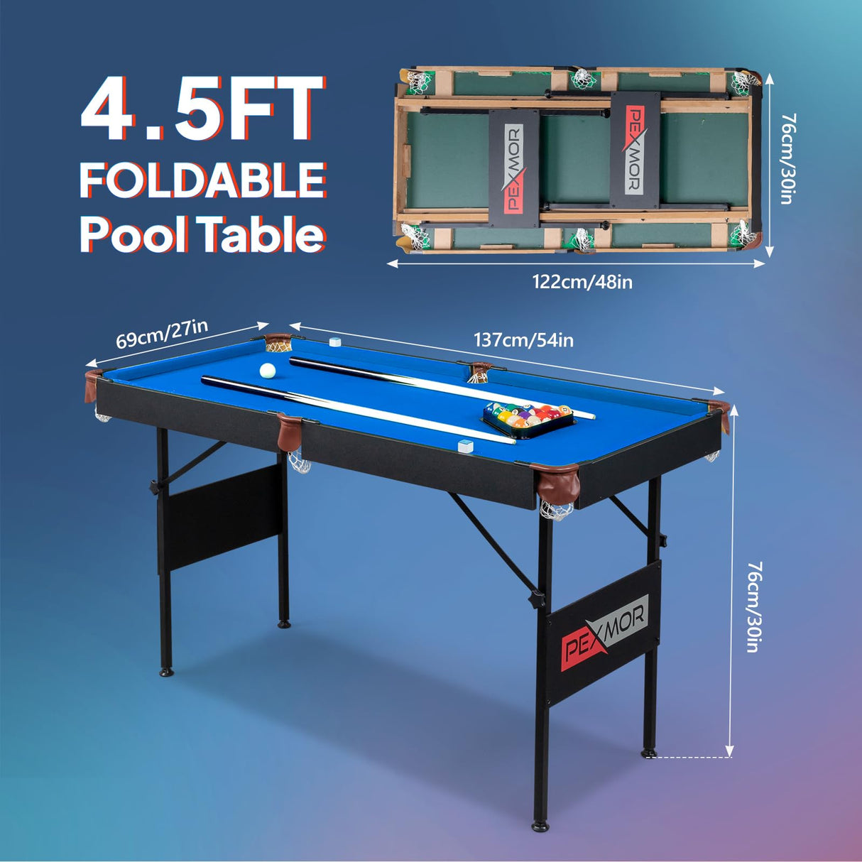 PEXMOR 55" Portable Folding Pool Table, Foldable Billiards Table for Kids and Adults, 4.5ft Pool Game Table with Cues, Ball, Rack, Brush, Chalk for Indoor & Outdoor PEXMOR
