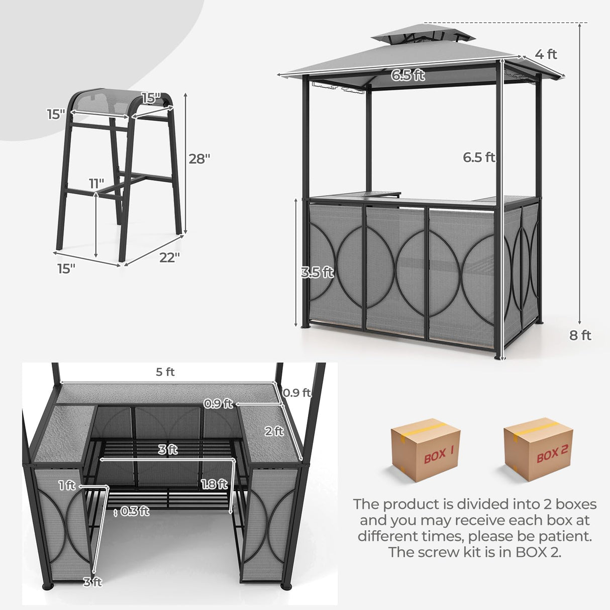 Tangkula 3-Piece Patio Bar Set, Grill Gazebo & 2 Bar Stools with Tempered Glass Bar Table, Metal Storage Shelves, Glass Holders, Double-Tier Soft Top Canopy BBQ Gazebo Shelter for Patio Garden (Grey) Tangkula