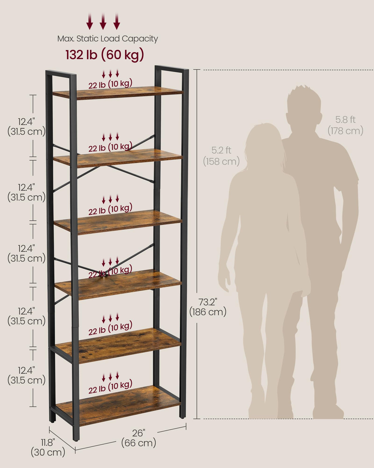 VASAGLE 6-Tier Bookshelf, Bookcase with Steel Frame, Book Shelf for Living Room, Home Office, Study, 11.8 x 26 x 73.2 Inches, Industrial Style, Rustic Brown and Ink Black ULLS062B01 VASAGLE