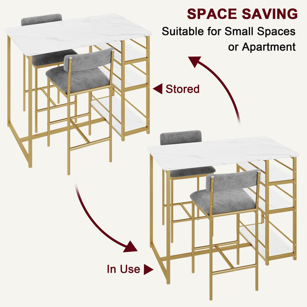 IDEALHOUSE Dining Table Set for 2, Counter Height Kitchen Table and Chairs, Bar Table Set with 2 Velvet Bar Stools, 3 Piece Dining Room Table Set for Small Space, Apartment, Gray Gold White IDEALHOUSE