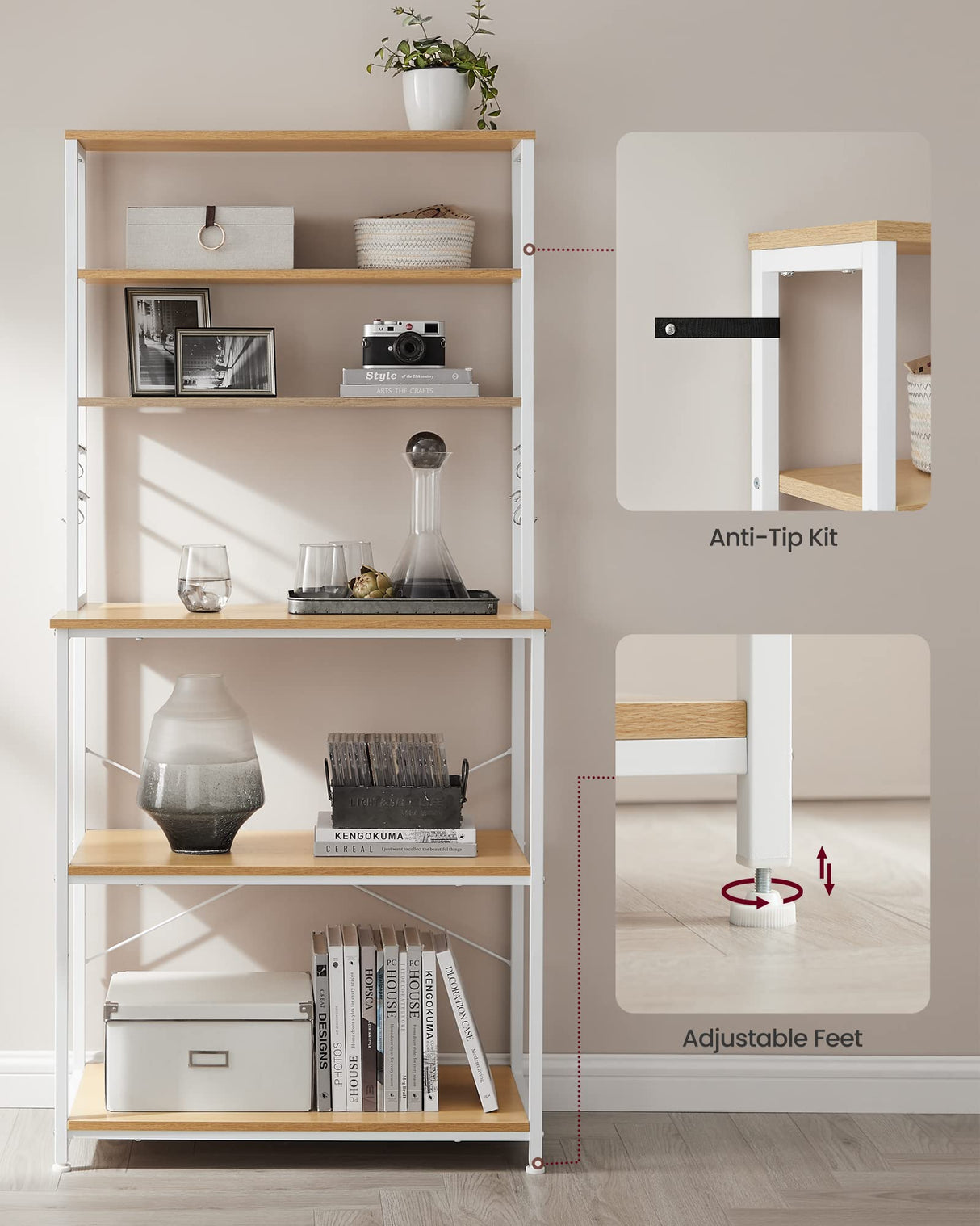VASAGLE Oak + White 6-Tier Kitchen Baker's Rack with Adjustable Shelves & Hooks VASAGLE