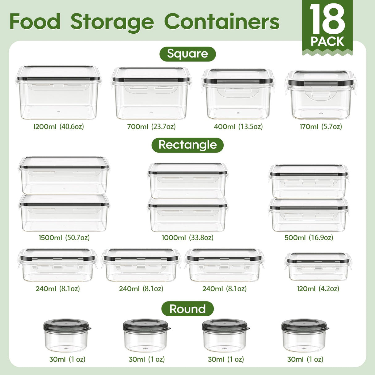 KEMETHY 36-Piece Food Storage Containers with Lids(18 Containers & 18 Lids), Plastic Food Containers for Pantry & Kitchen Storage and Organization, BPA-Free, Leak Proof, Reusable with Labels & Pen KEMETHY