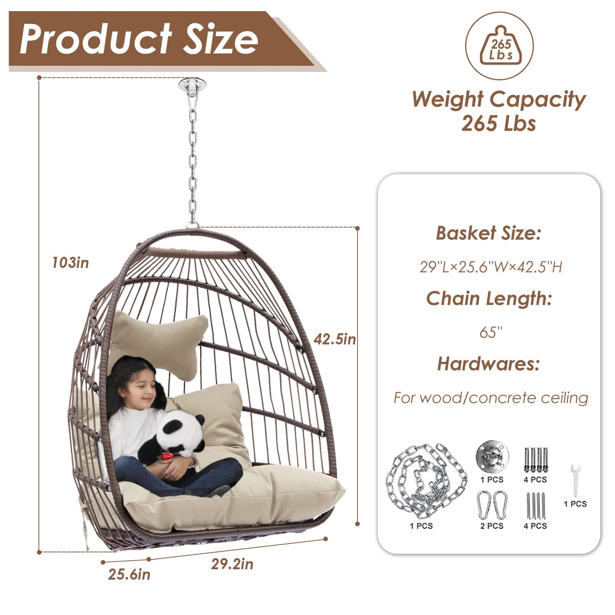 RADIATA Egg Chair Without Stand Luxury Outdoor Patio Wicker Hanging Swing Egg Chairs with Water Resistant Cushions for Patio Backyard Balcony (Brown) RADIATA