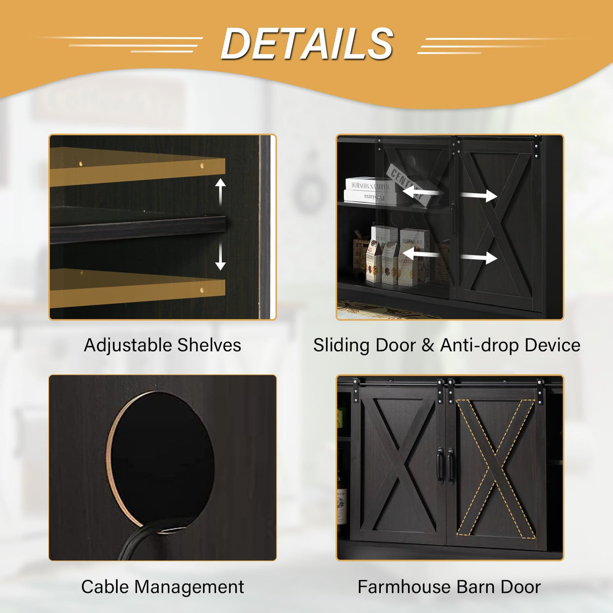 4 EVER WINNER Coffee Bar Cabinet with Sliding Barn Doors, 59" Sideboard Buffet Cabinet with Storage, Farmhouse Buffet Cabinet Serving Table Cupboard for Dining Room, Espresso 4 EVER WINNER