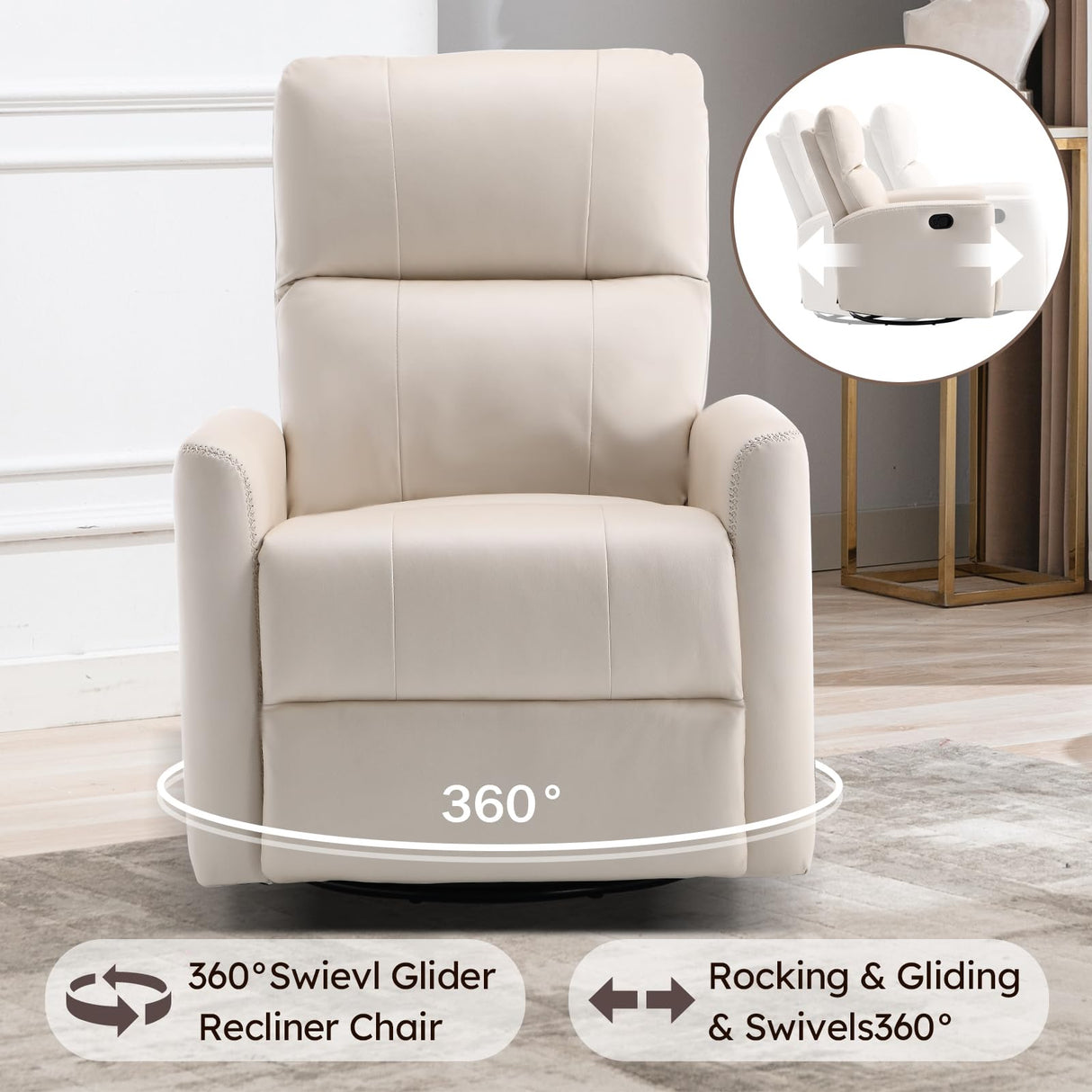 ANJ Manual Swivel Rocker Recliner, Glider Recliners with Padded Armrest and Backrest, Soft Leather Nursery Rocking Recliner Chair Reclining Sofa for Living Room ANJ