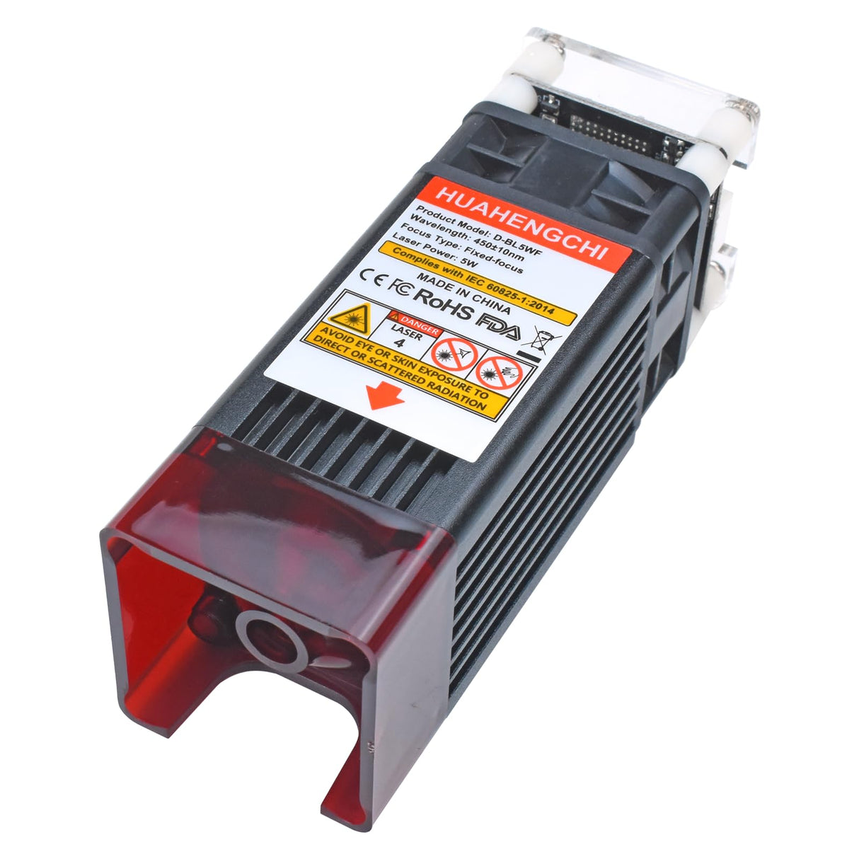 HUAHENGCHI 5000mW(5W) Laser Engraver Module w/Wind Gathering Hood, 450nm 23mm Fix Focus Laser Head for CNC Machines, DIY Laser Engraving Tool Suitable for Metal Wood Acrylic Paper, Class 4, 12V HUAHENGCHI