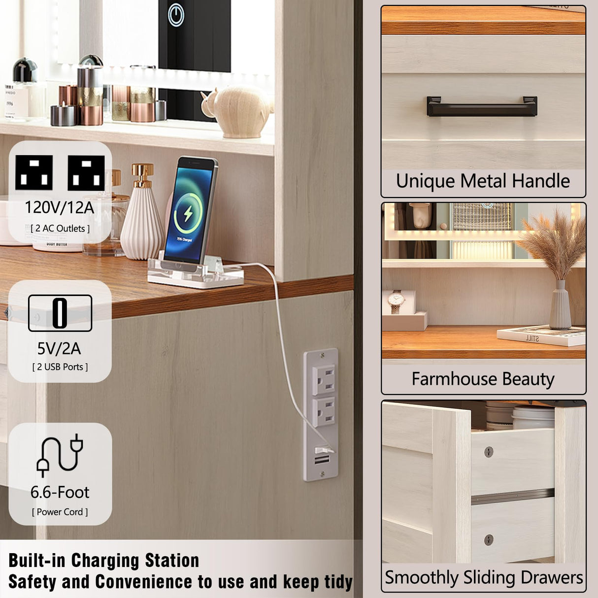 Trironsun Small Farmhouse Makeup Vanity Desk with 3 Adjustable Lighted Mirror Narrow Vanity Table with Storage Drawer White Thin Dressing Table for Bedroom Small Space Trironsun