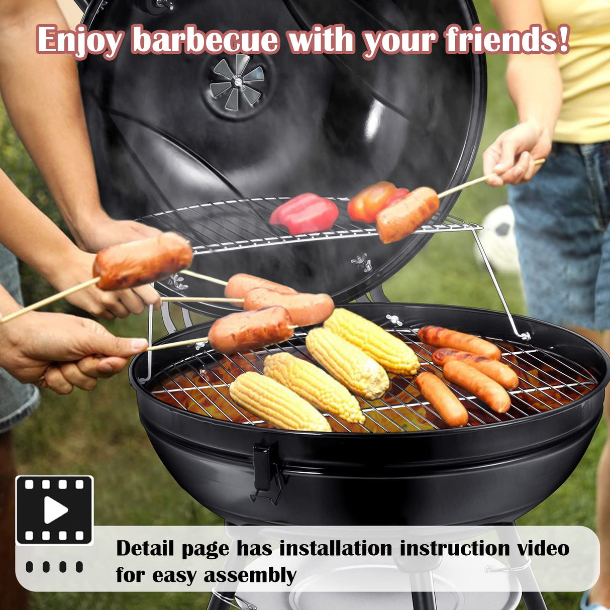 HaSteeL 22 Inch Charcoal Grill, 2 Layer Grilling Racks Heavy Duty Kettle Outdoor BBQ Grill, Large 355 Square Inches for Camping Backyard Picnic Patio Barbecue Cooking, Round Black Enamel Lid & Bowl HaSteeL