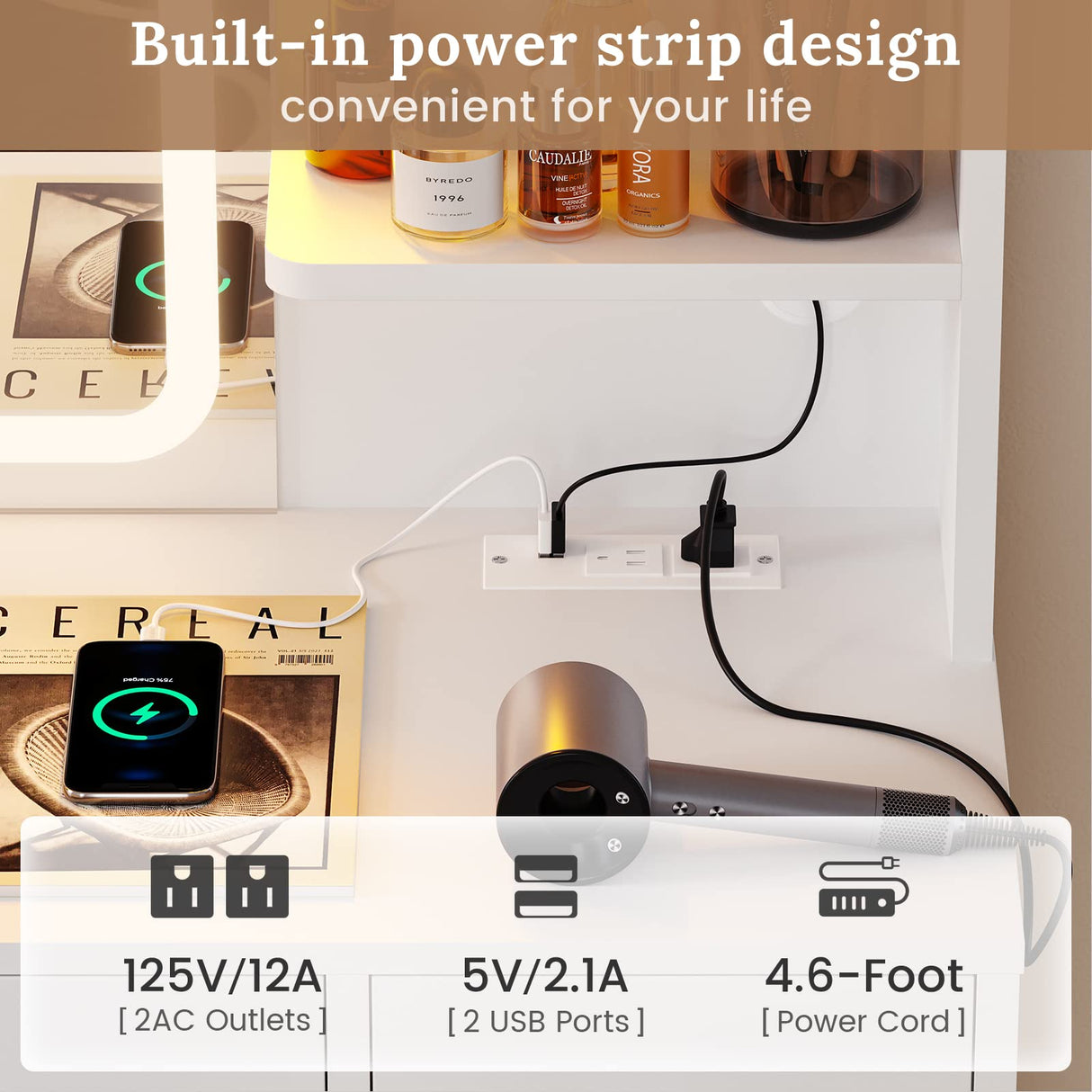 Tiptiper Large Vanity Desk with Mirror and Lights, Makeup Vanity with Lights and Charging Station, Vanity Table with Smart Mirror with Time Display, Makeup Table with 5 Drawers, White Tiptiper