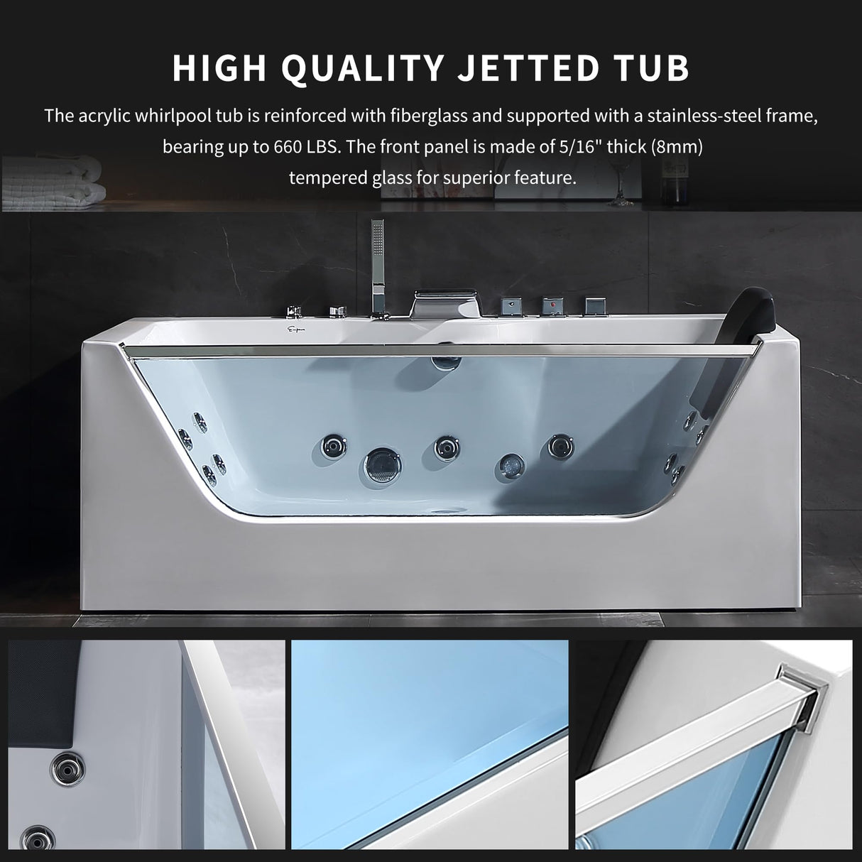 Empava 59 in. Acrylic Alcove Whirlpool Bathtub - Hydromassage Rectangular Jetted Soaking Tub with Center Drain - Waterfall Faucet Empava