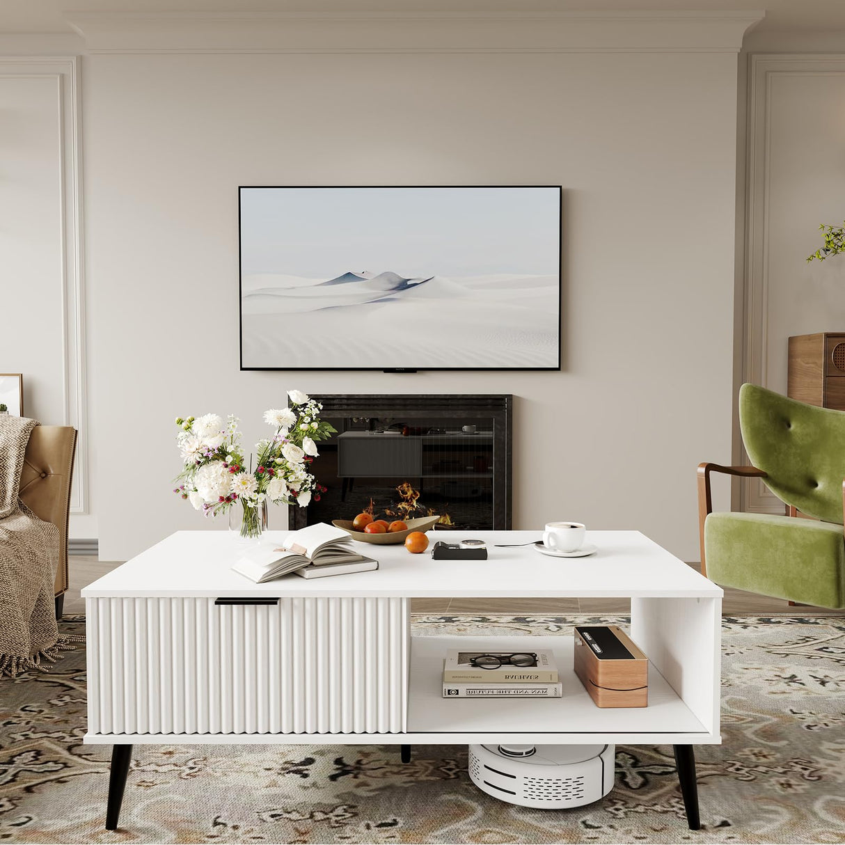 41.34''D Coffee Table, 2-Tiers Farmhouse Coffee Tables With Storage and Sliding Wave Pattern Door, Modren Tea Table, Wooden Dining Center Tables for Living Room, Office, Bedroom, Outdoors, White IDEALHOUSE