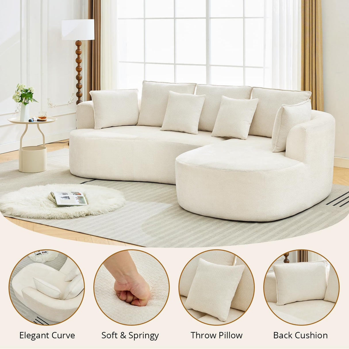 106" Curved Sectional Sofa with Throw Pillows, 4 Seater Luxury Chenille Cloud Modular Couch with Deep Seat,Boneless Compression Sofa for Modern Living Room, Office and Apartment, Cream WARMTOBABY