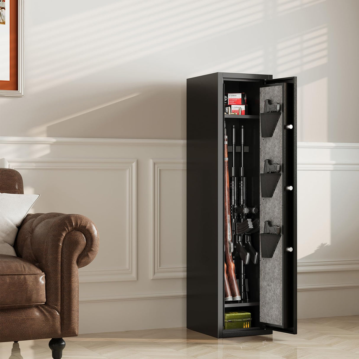 Xyvaly Deep Rifle Gun Safe for 2-4 Guns, Fits Rifles Safe with Scopes, Gun Safe for Rifles and Pistols, Gun Cabinet with 3 Pistol Pouches,Tall Steel Guns Safes with Quick Open Display Keypad Xyvaly