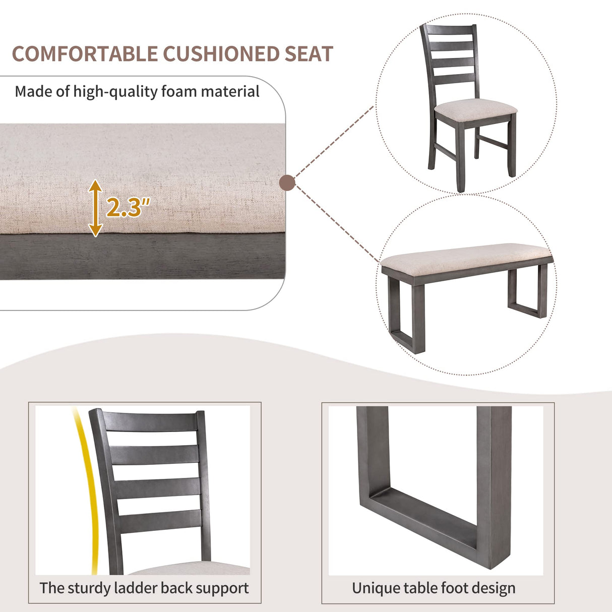 6 Piece Dining Table Set, Kitchen Table Set with Rectangular Table and 4 High Back Upholstered Dining Chairs and Tufted Bench, Wooden Dining Room Table Set for 6 Persons (Gray) Merax