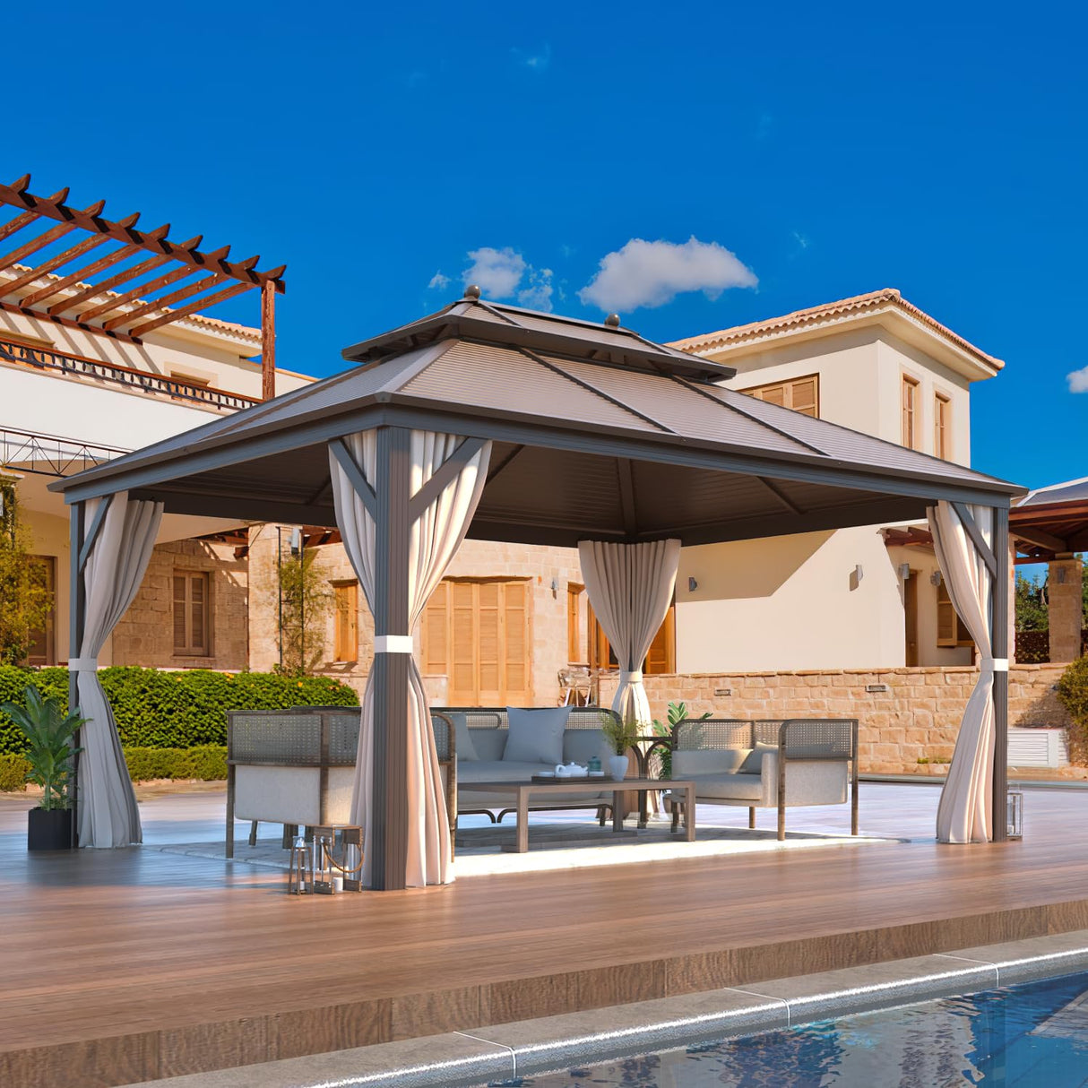 EROMMY 10' x 13' Hardtop Gazebo Double Roof Galvanized Steel Canopy Outdoor Aluminum Frame Permanent Metal Pavilion with Netting and Curtains for Patio Backyard Deck and Lawns EROMMY