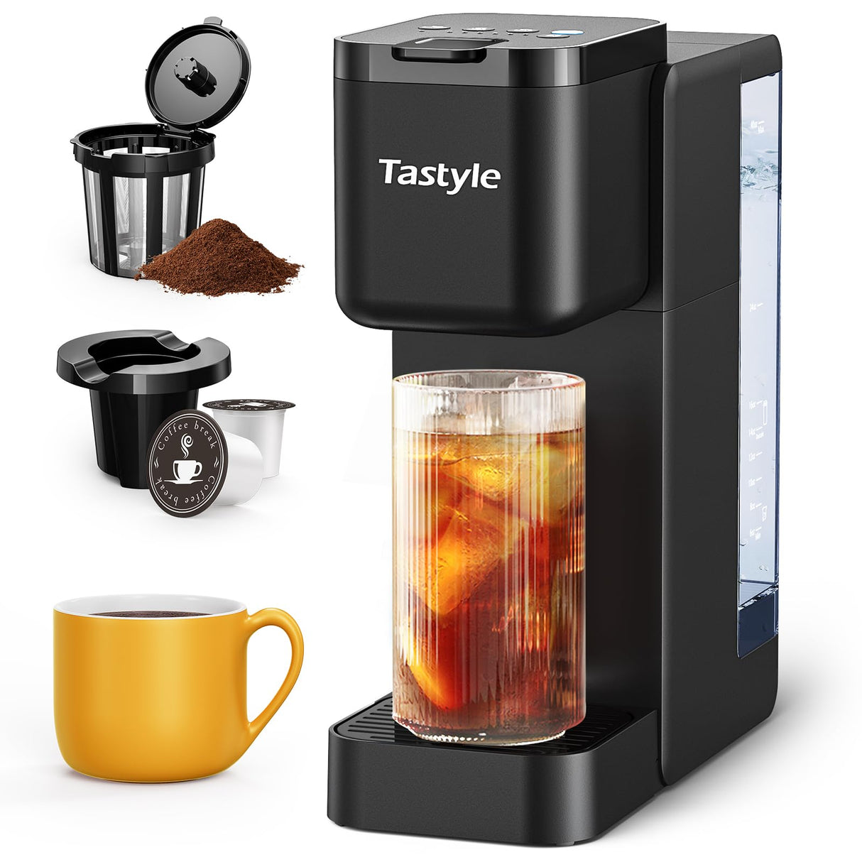Tastyle Single Serve Hot & Iced Coffee Maker with Strong Brew, 40oz Removable Reservoir, 6 Brew Sizes, Compatible with K Cup and Grounds, Compact for Home, Office, RV and Dorm, Black (2.0 Version) Tastyle