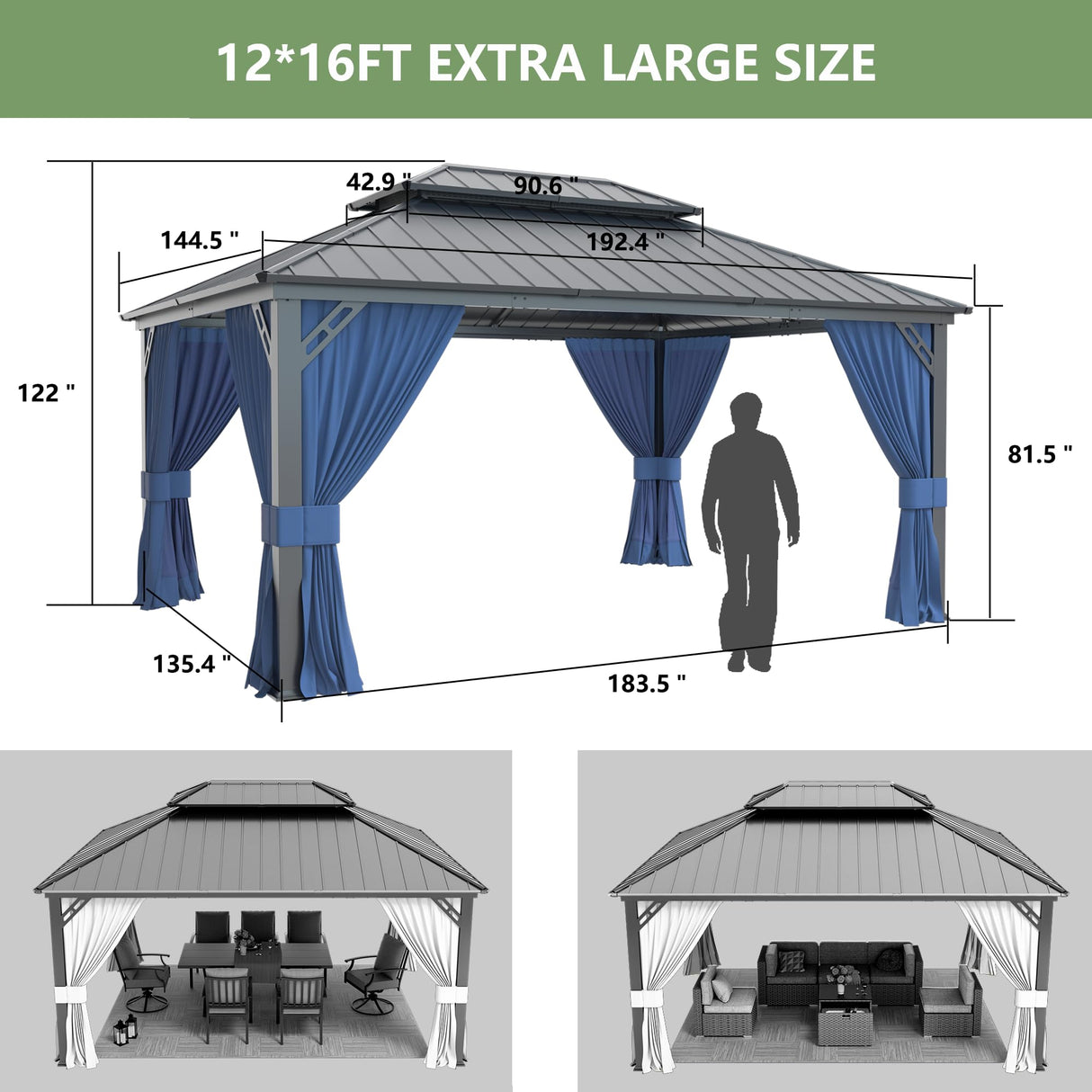 12' x 16' Hardtop Gazebo,Outdoor Galvanized Steel Metal Double Roof Gazebo with Curtains and Netting for Patios, Gardens, Lawns,Navy Blue Kullavik