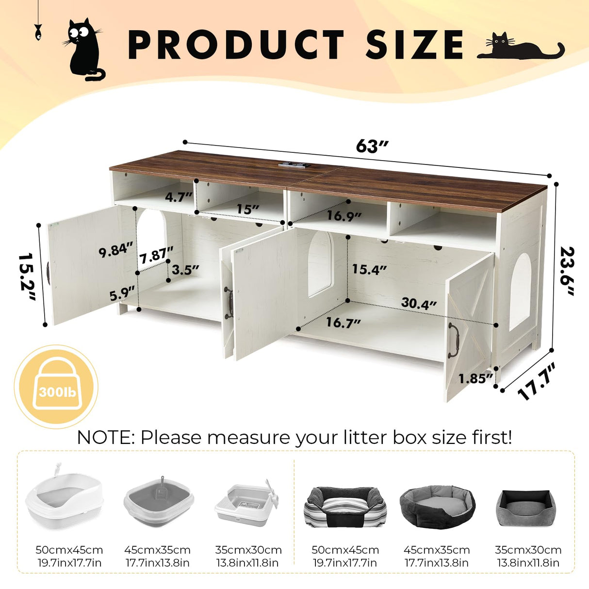 JanflyHome Double Cat Litter Box Enclosure for 2 Cats, 63" Hidden Litter Box Furniture with Outlet Power, Farmhouse Large Litter Box Cabinet TV Stand, 63 x 17.7 x 23.6 in, Antique White JanflyHome