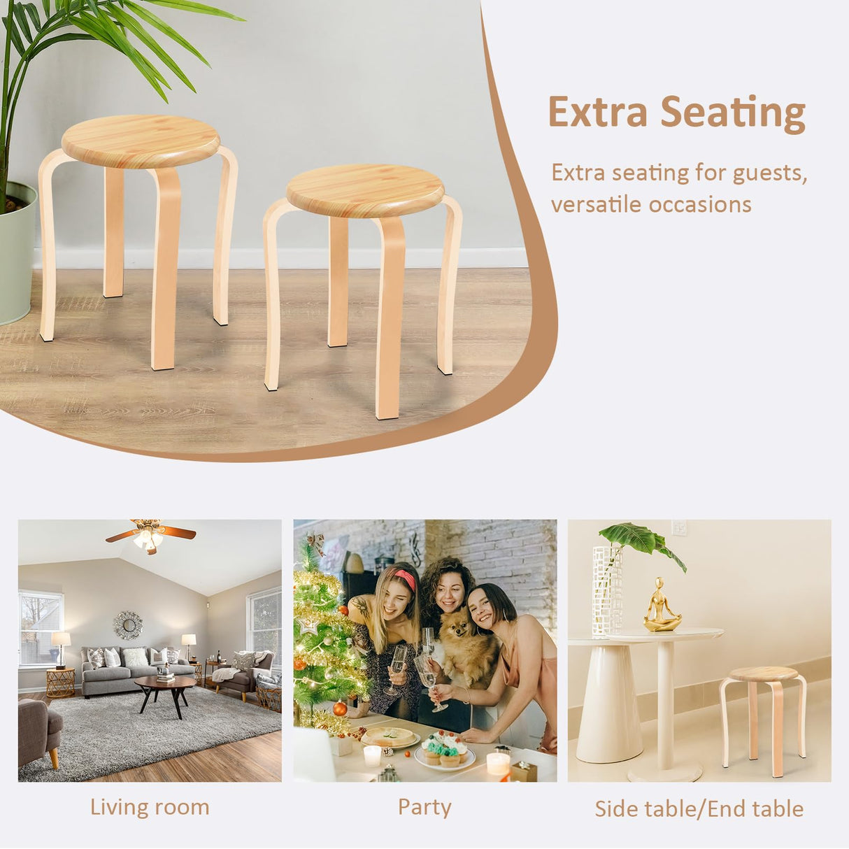 Wood Stools, Set of 2 Wooden Stackable Stool Extra Seating for Kids, Guests, Portable Round 16.5-Inch, Counter Height Stools for Living Room, Backyard, Classroom, Kitchen, Pland Stand, Apartment WINZONE