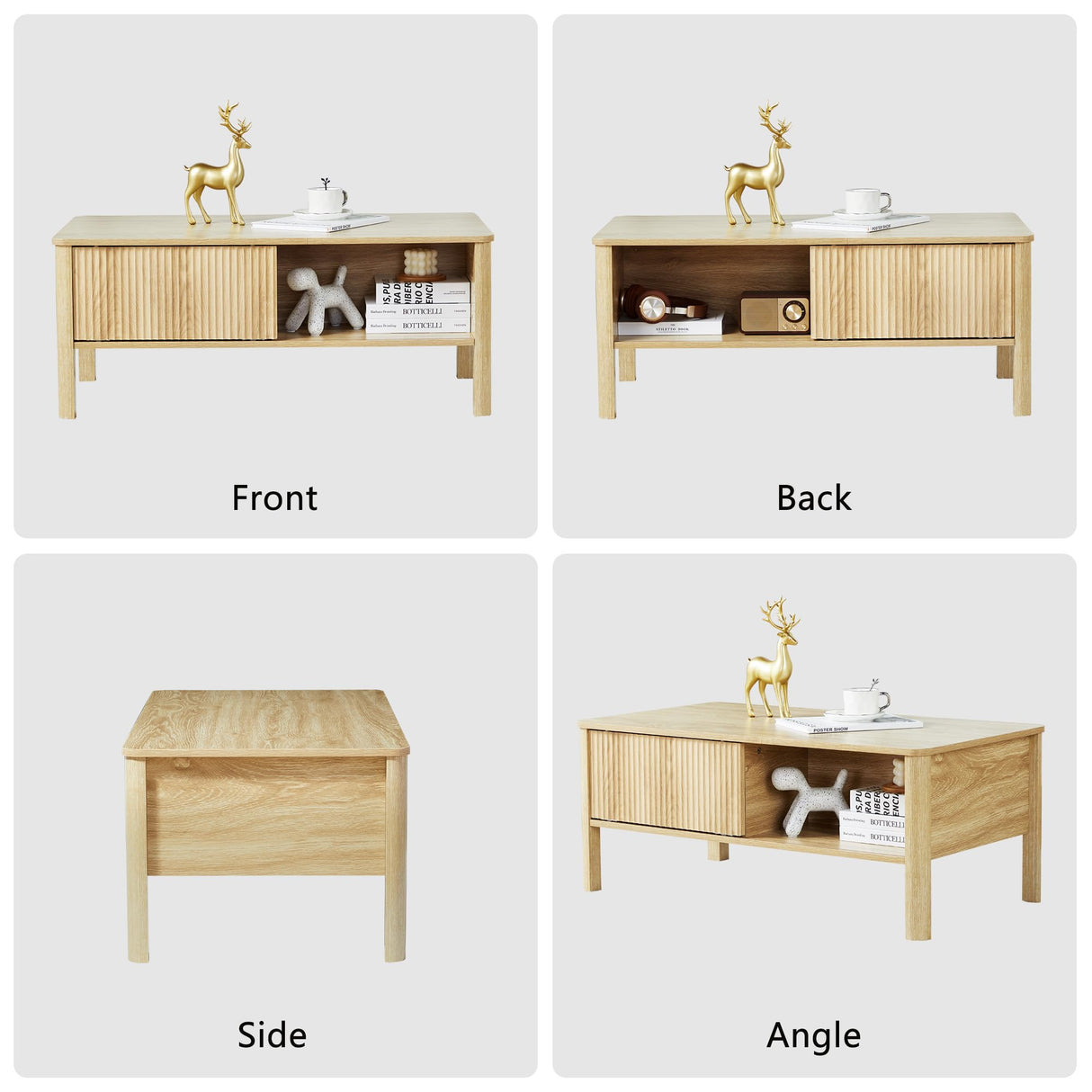 affeivul Rectangle Fluted Coffee Table with Storage and Sliding Drawers, Light Wood Coffee Table, Mid Century Modern Coffee Table Boho Style, Low for Living Room/Bedroom/Office (Natural) affeivul