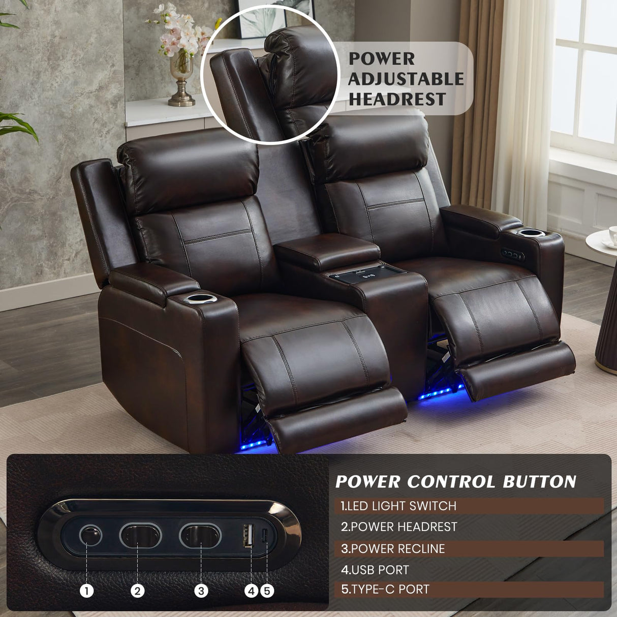Neptane Power Reclining Sofa Set with Adjustable Headrest, Home Theater Seating with LED Light/Armrest Storage/USB&Type-C, Power Reclining Sofa and Loveseat Set for RV Sofa Furniture Neptane