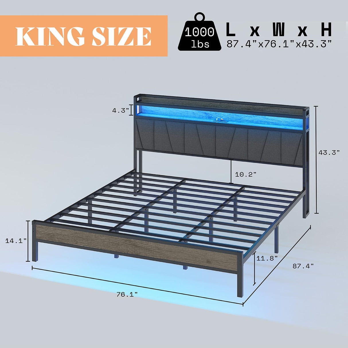 AMERLIFE King Size Bed Frame with RGB Lights & Charging Station, LED Bed Frame with Storage Headboard Linen Upholstered, Heavy Duty Metal Slats, No Box Spring Needed, Rustic Grey AMERLIFE