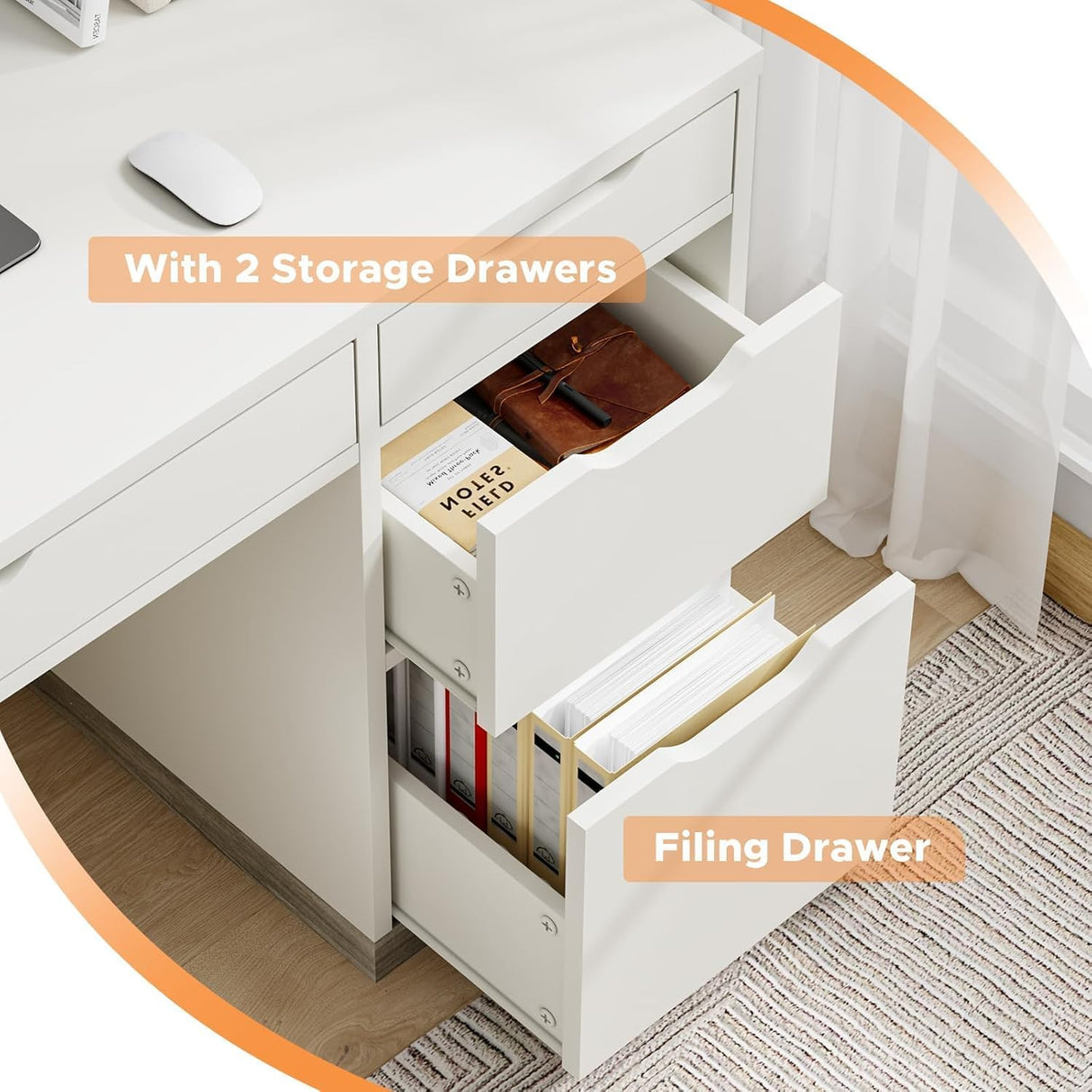 MaverickFurni White Computer Desk with Storage Drawers, Home Office Small Desk with File Cabinet, Study Desk for Kids with 4 Drawers, Modern Kids Desk for Bedroom, Small Space MaverickFurni